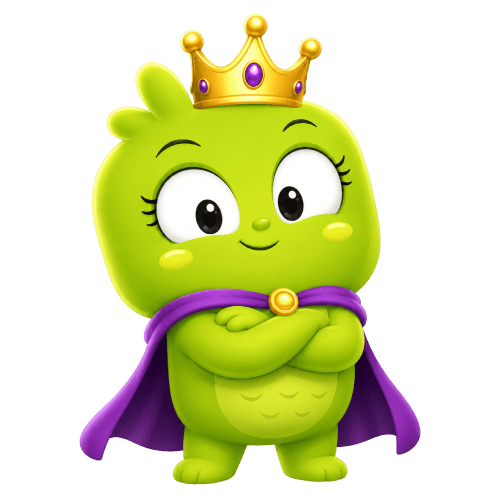 The mascot wearing a golden crown and cape