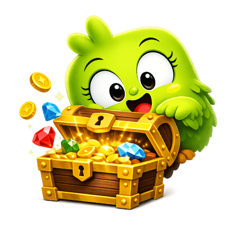 The mascot opening a glowing treasure chest